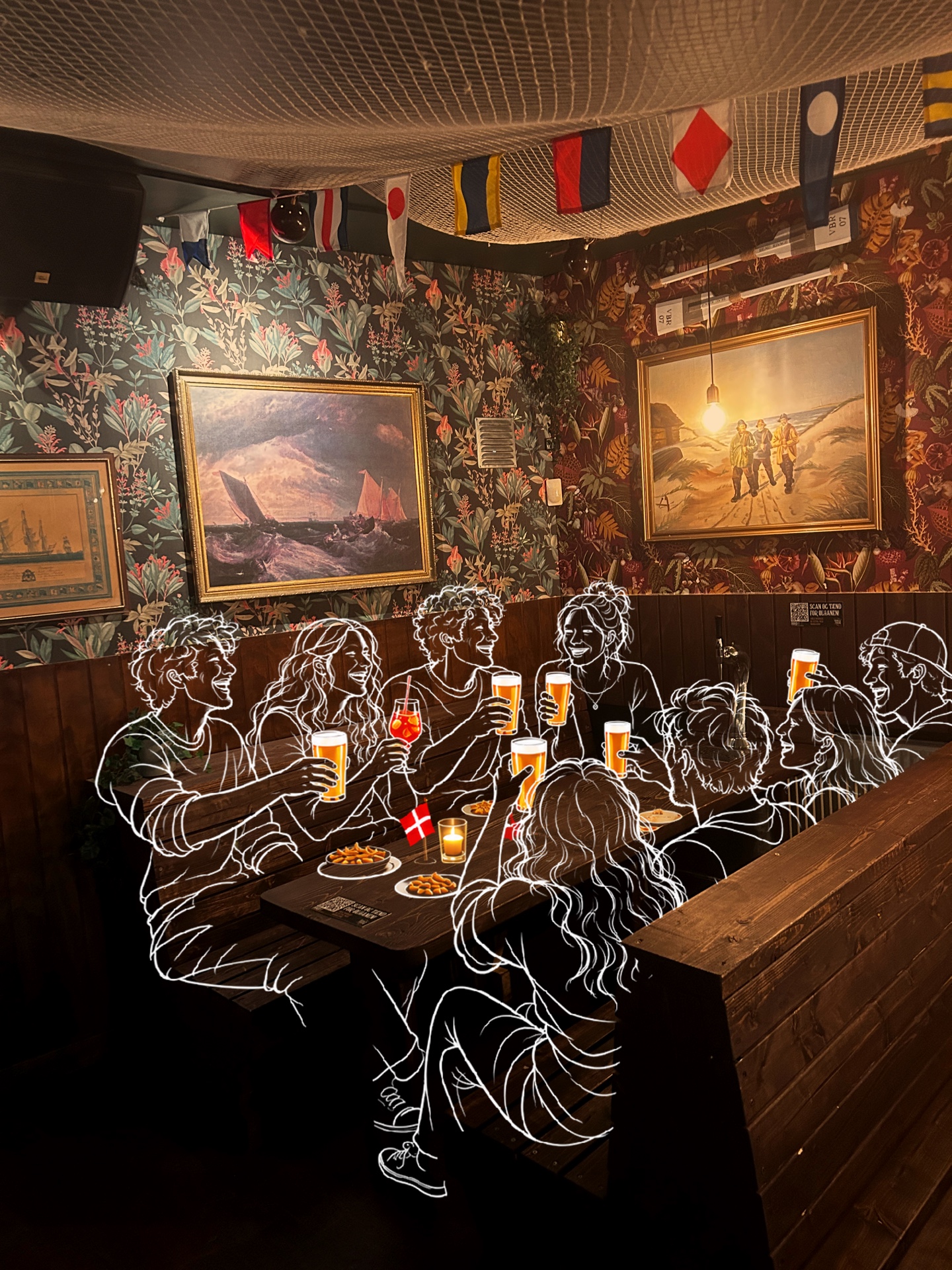 Venner skåler ved fadølsbordet på The Drunken Sailor – hvide stregtegninger.