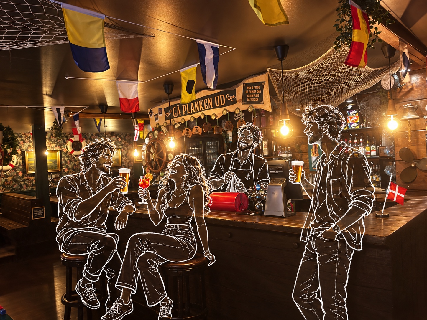 Festlige gæster med øl og drinks ved baren på The Drunken Sailor – hvide stregtegninger.